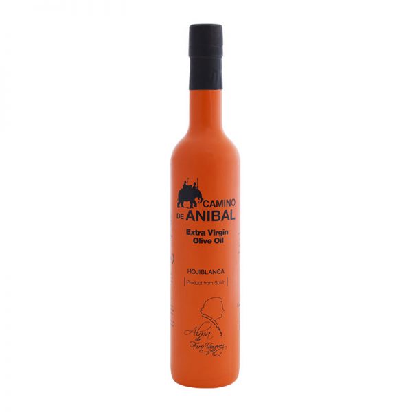 Extra natives Olivenöl in einer sehr auffälligen orangefarbenen Glasflasche