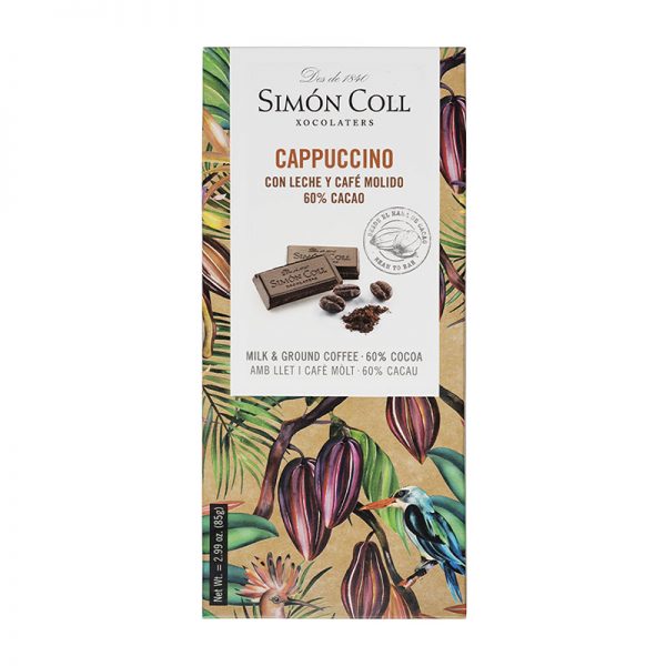 Schokolade mit 60% Kakaoanteil und Cappuccino in eleganter Verpackung mit Kakaobohnen und kleinen Vögeln verziert