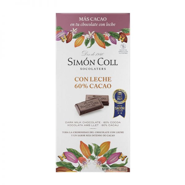 Preisgekrönte Zartbitterschokolade mit Milch in eleganter Verpackung mit Kakaobohnen und "Premio Sabor Superior-Siegel" verziert