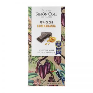 Preisgekrönte Zartbitterschokolade mit Orangenstückchen in eleganter Verpackung mit Kakaobohnen, kleinen Vögeln und "Premio Sabor Superior-Siegel" verziert